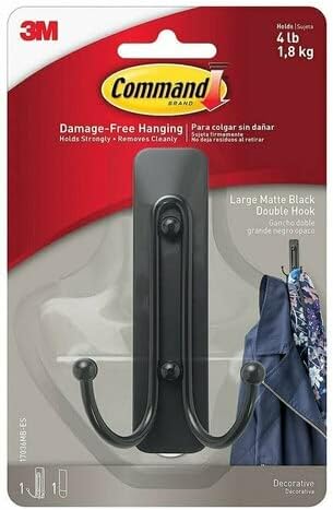 Command Large Wall Hooks, Damage Free Hanging Wall Hooks with Adhesive Strips, No Tools Double Wall Hooks for Hanging Decorations in Living Spaces, 1 Black Colored Hook and 1 Strip