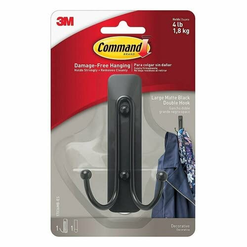 Command Large Wall Hooks, Damage Free Hanging Wall Hooks with Adhesive Strips, No Tools Double Wall Hooks for Hanging Decorations in Living Spaces, 1 Black Colored Hook and 1 Strip