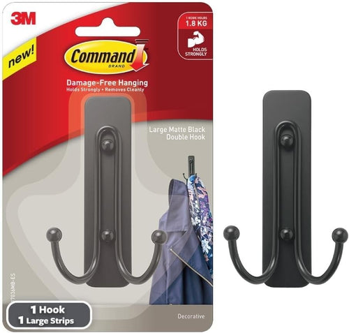 Command Large Wall Hooks, Damage Free Hanging Wall Hooks with Adhesive Strips, No Tools Double Wall Hooks for Hanging Decorations in Living Spaces, 1 Black Colored Hook and 1 Strip