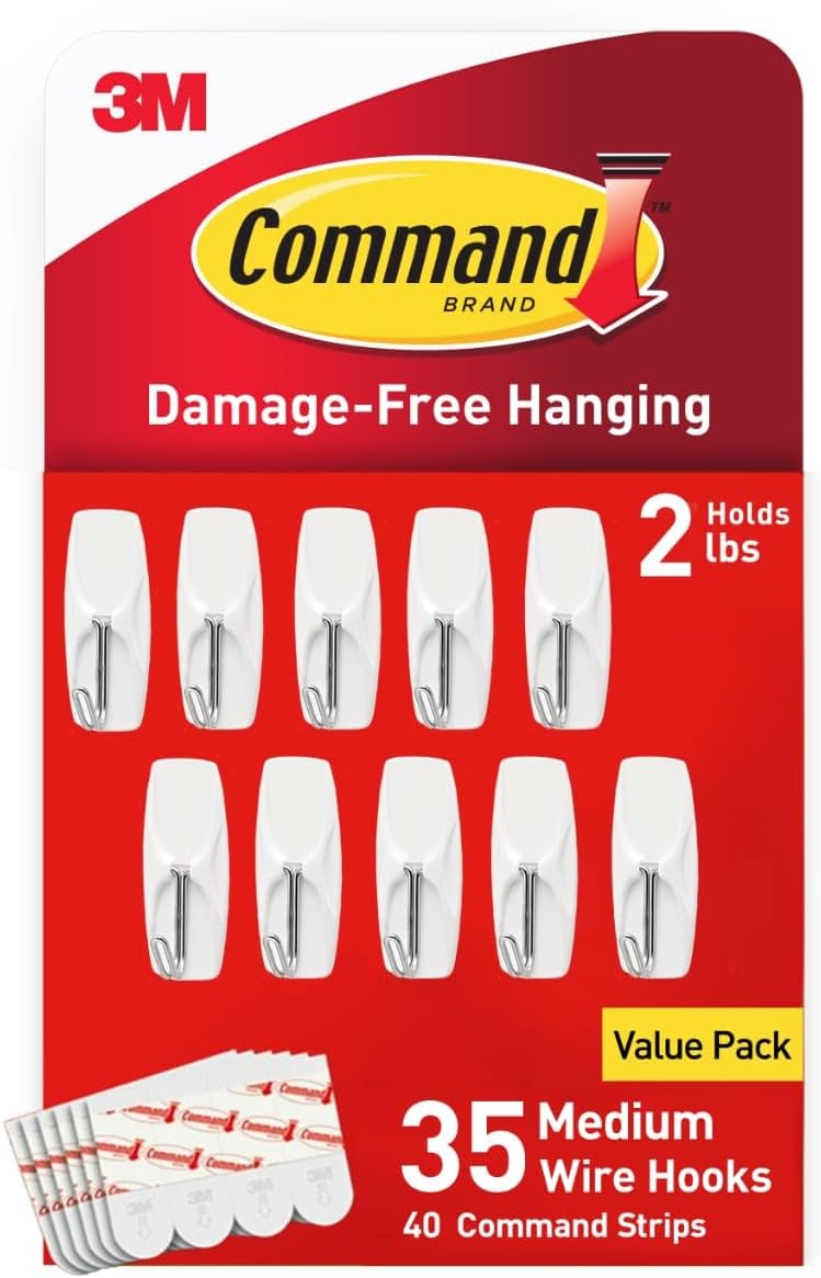 Command Medium Wire Toggle Hooks, 35 Hooks and 40 Strips, Damage-Free Hanging Wall Hook with Adhesive Strips, No Tools Great for Hanging, Organization and Storage, Holds up to 2 lb