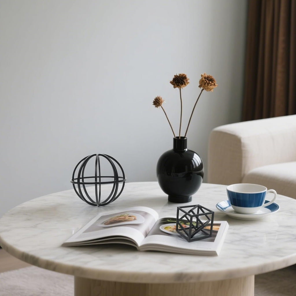 DreamsEden Modern Geometric Sculptures Set - 6" Black Metal Sphere & Cube, Minimalist Shelf Decor, Tabletop Centerpiece, Office Art