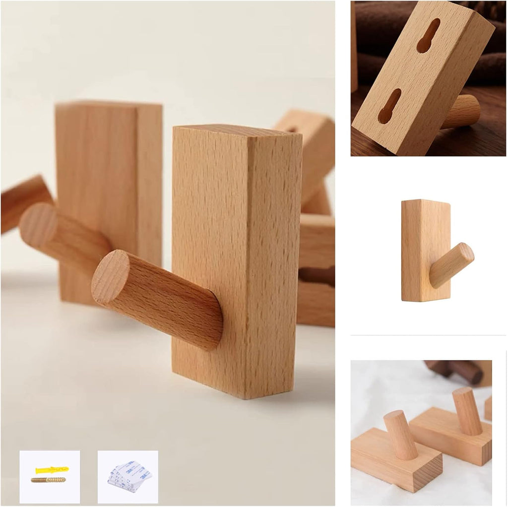 HomeDo 10Pack Adhesive Wall Hooks Hat Rack, Wooden Coat Hooks Wall Mounted, Decorative Hooks Single Organizer Hat Hanger Towel Rack, Heavy Duty Hooks (Rectangle-Beech,10P)