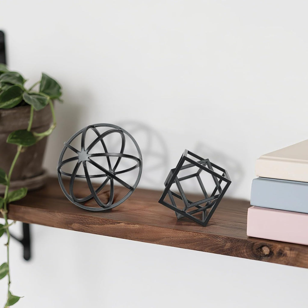 DreamsEden Modern Geometric Sculptures Set - 6" Black Metal Sphere & Cube, Minimalist Shelf Decor, Tabletop Centerpiece, Office Art