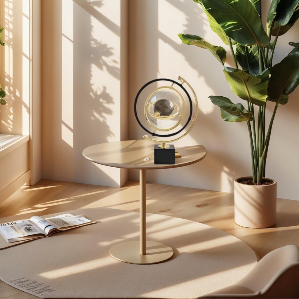 Modern Abstract Metal Globe Sculpture Ornament – Black & Gold Rectangular Base Desk Decor, Tabletop Art Piece for Home Office Shelf Living Room, Unique Housewarming Gift