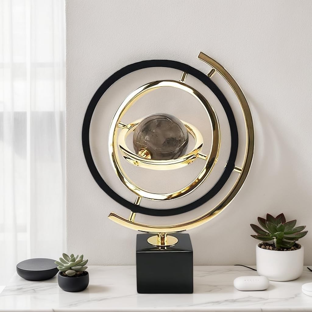 Modern Abstract Metal Globe Sculpture Ornament – Black & Gold Rectangular Base Desk Decor, Tabletop Art Piece for Home Office Shelf Living Room, Unique Housewarming Gift