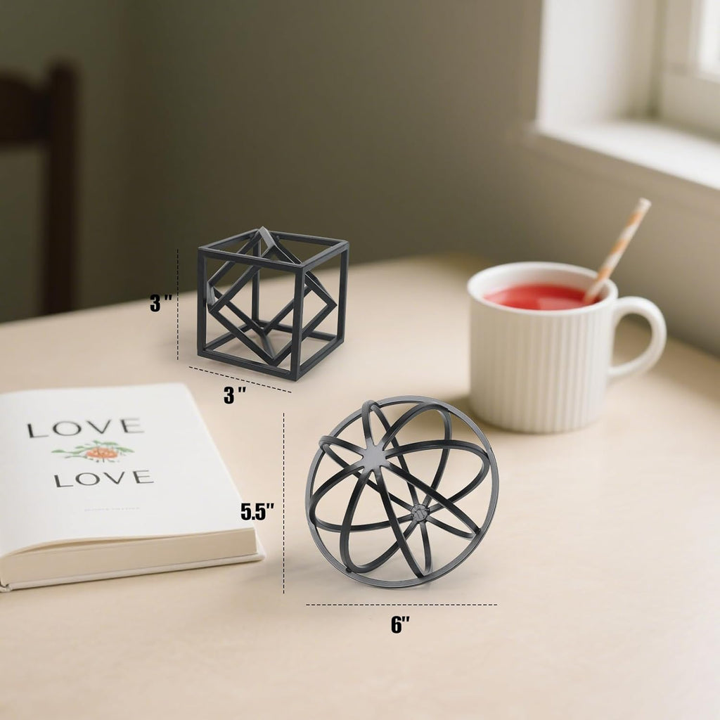 DreamsEden Modern Geometric Sculptures Set - 6" Black Metal Sphere & Cube, Minimalist Shelf Decor, Tabletop Centerpiece, Office Art