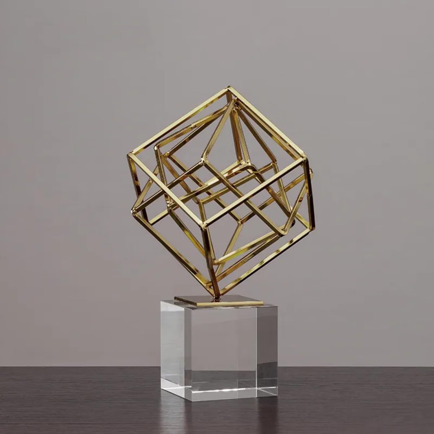 homary Modern Gold Geometric Sculpture with Crystal Base, 3D Metal Ornament Figurine, Abstract Luxury Decor Art for Living Room, Office, or Table Centerpiece