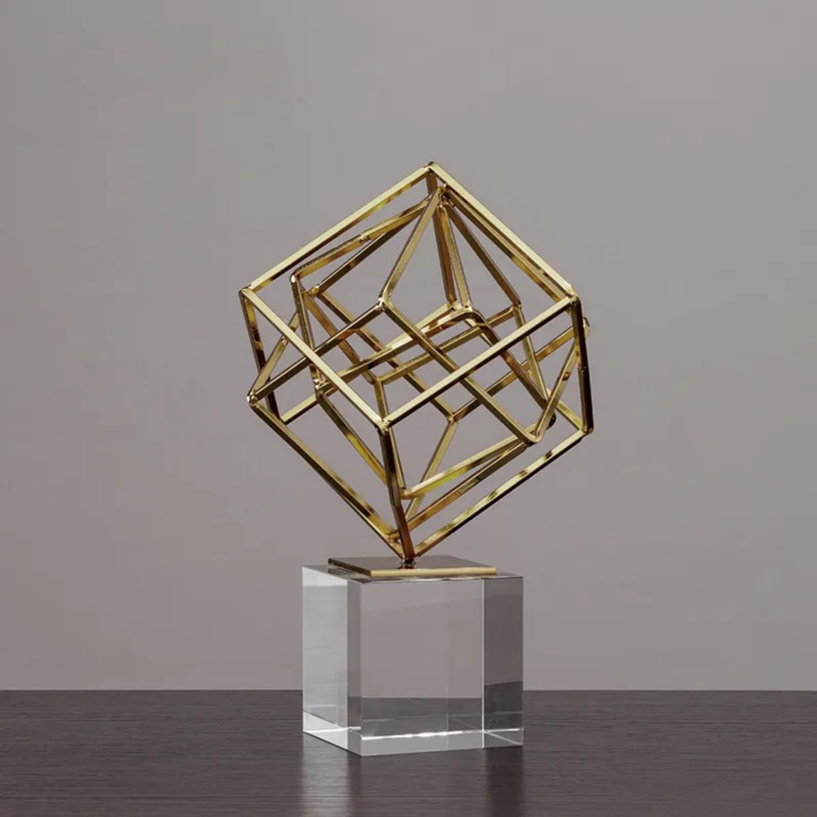 homary Modern Gold Geometric Sculpture with Crystal Base, 3D Metal Ornament Figurine, Abstract Luxury Decor Art for Living Room, Office, or Table Centerpiece