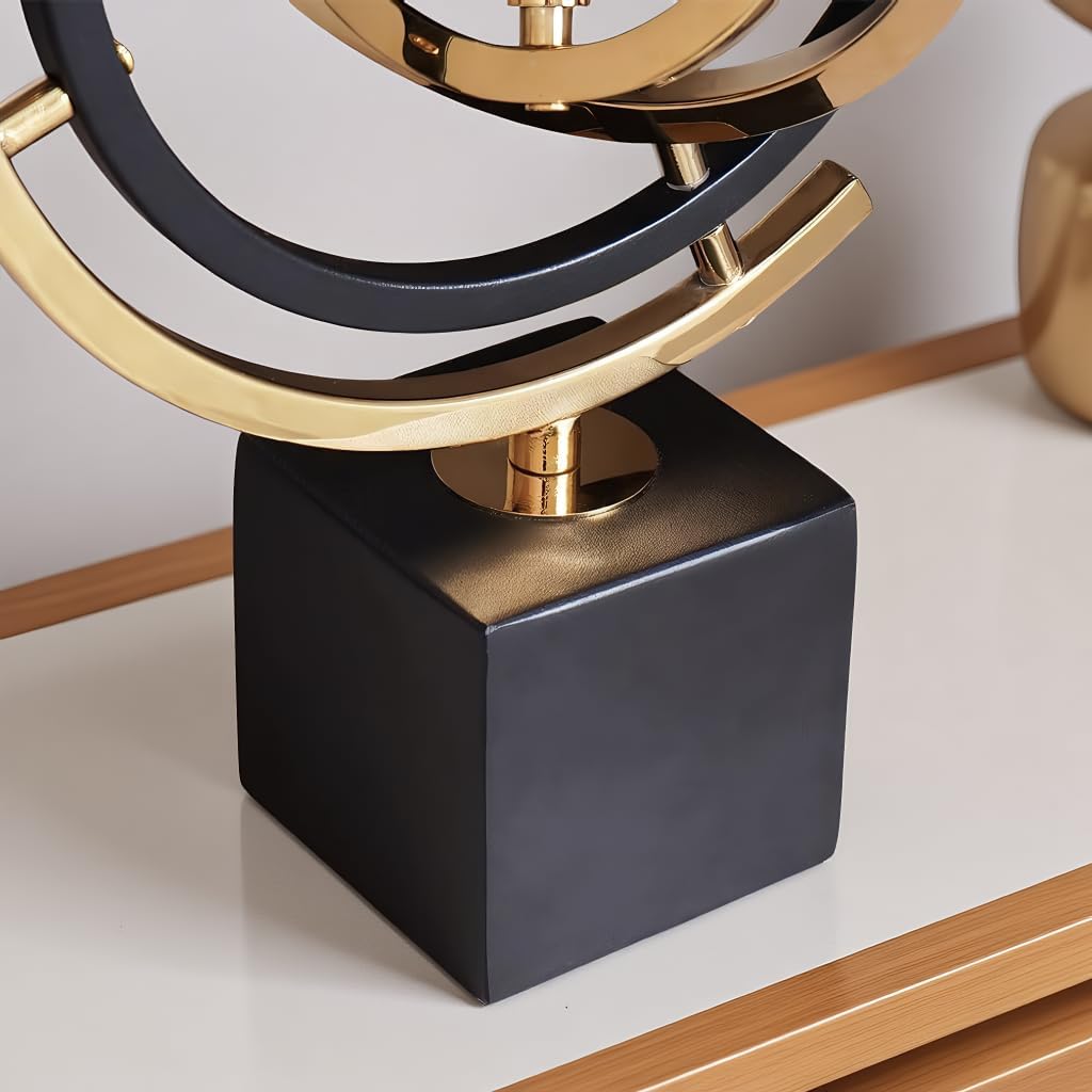 Modern Abstract Metal Globe Sculpture Ornament – Black & Gold Rectangular Base Desk Decor, Tabletop Art Piece for Home Office Shelf Living Room, Unique Housewarming Gift