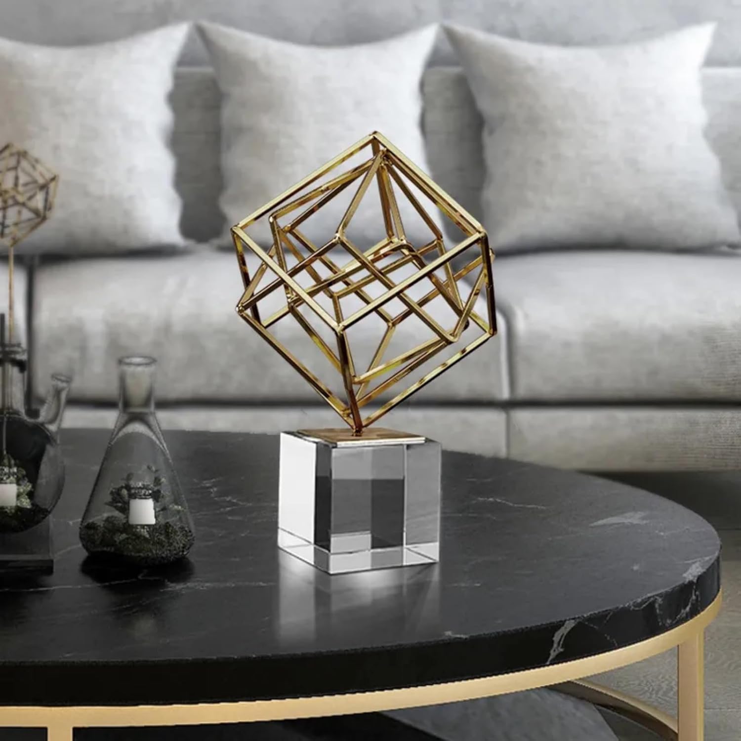 homary Modern Gold Geometric Sculpture with Crystal Base, 3D Metal Ornament Figurine, Abstract Luxury Decor Art for Living Room, Office, or Table Centerpiece