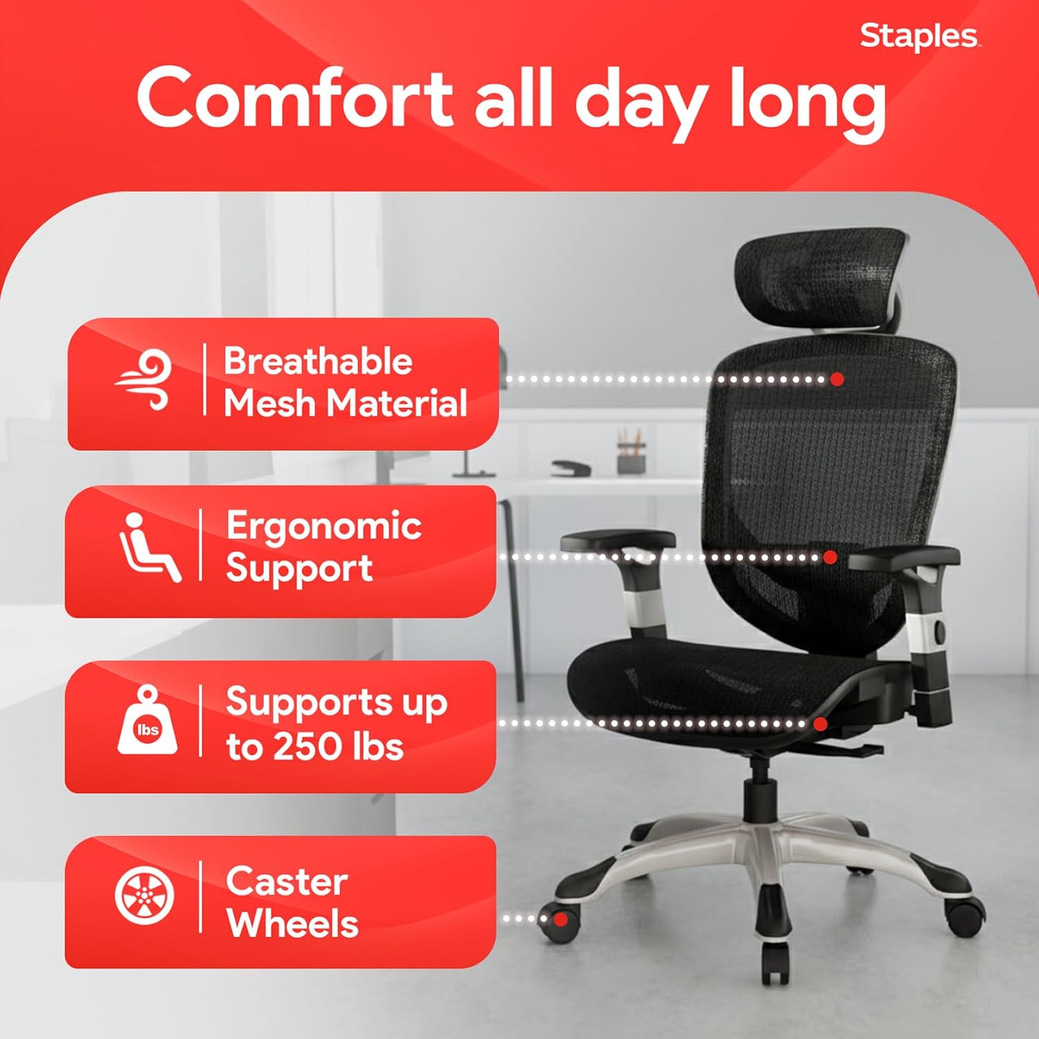 STAPLES Hyken Ergonomic Task Chair, Mesh, Ergonomic, Lumbar Support, Swivel, Black
