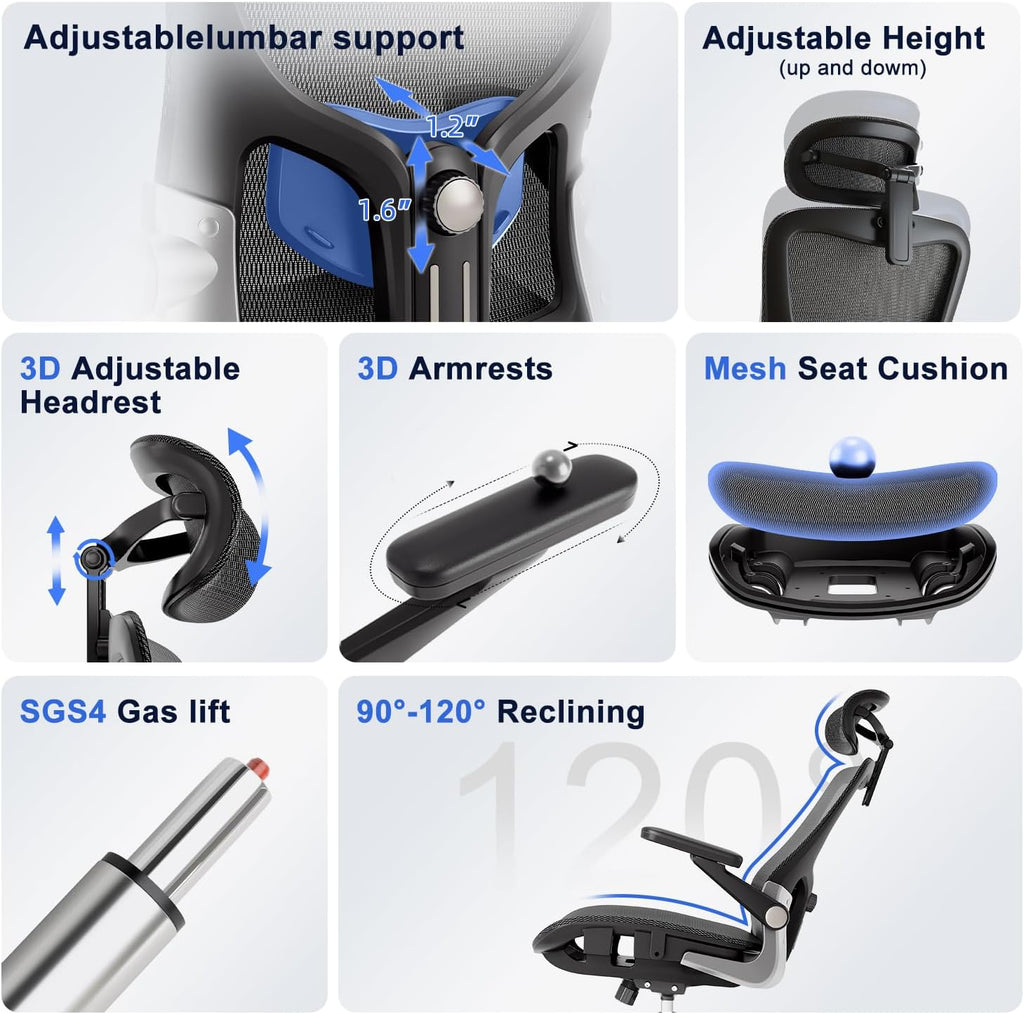 Ergonomic Office Chair, Mesh Seat Cushion with 3D Armrests and 3D Headrest, Adjustable Lumbar Support with 90-120° Rocking Function, Black