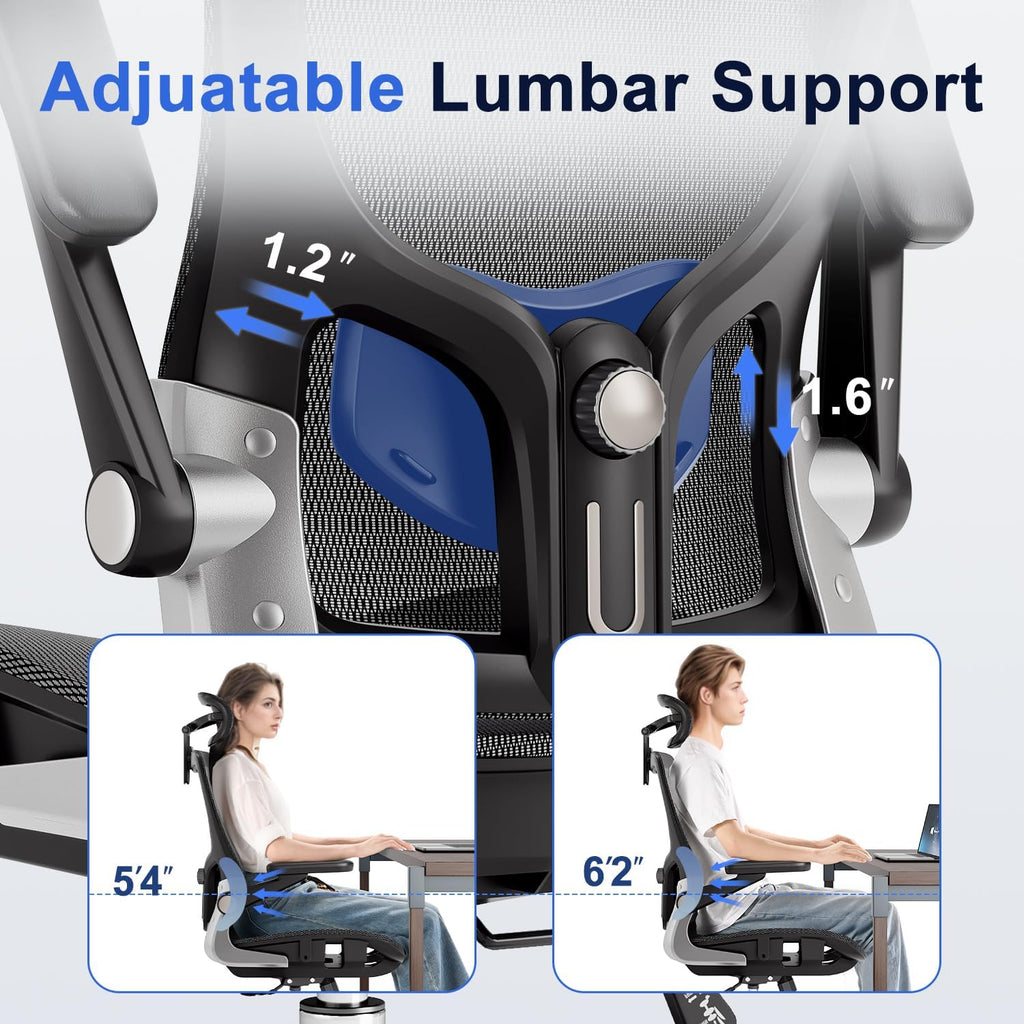 Ergonomic Office Chair, Mesh Seat Cushion with 3D Armrests and 3D Headrest, Adjustable Lumbar Support with 90-120° Rocking Function, Black