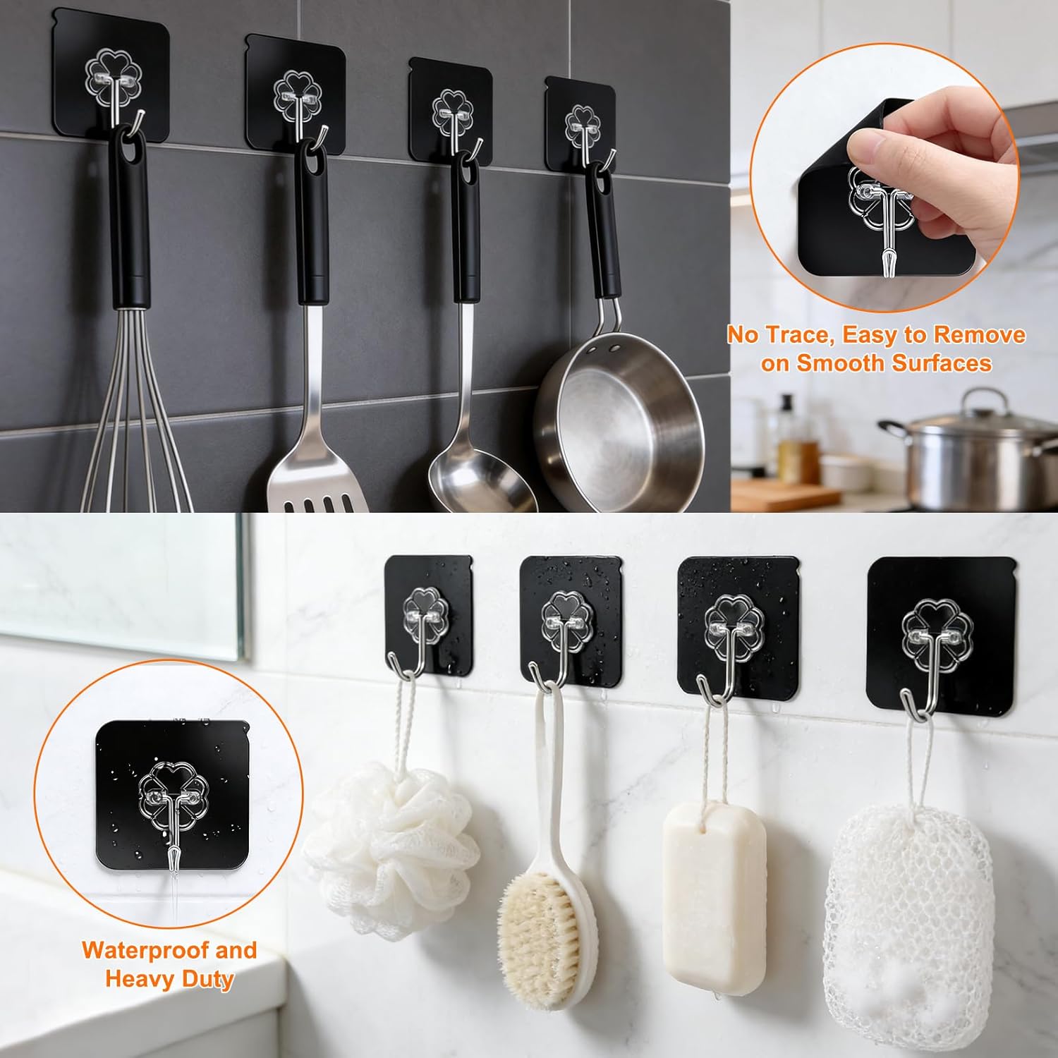 DDMY Heavy Duty Hooks Self Adhesive Hooks Newly Black Sticky for Hanging 100 Pack Waterproof Wall and Ceiling Hook with Reusable Adhesive for Shower, Kitchen, Hang Picture, Decorations,RV, No Damage