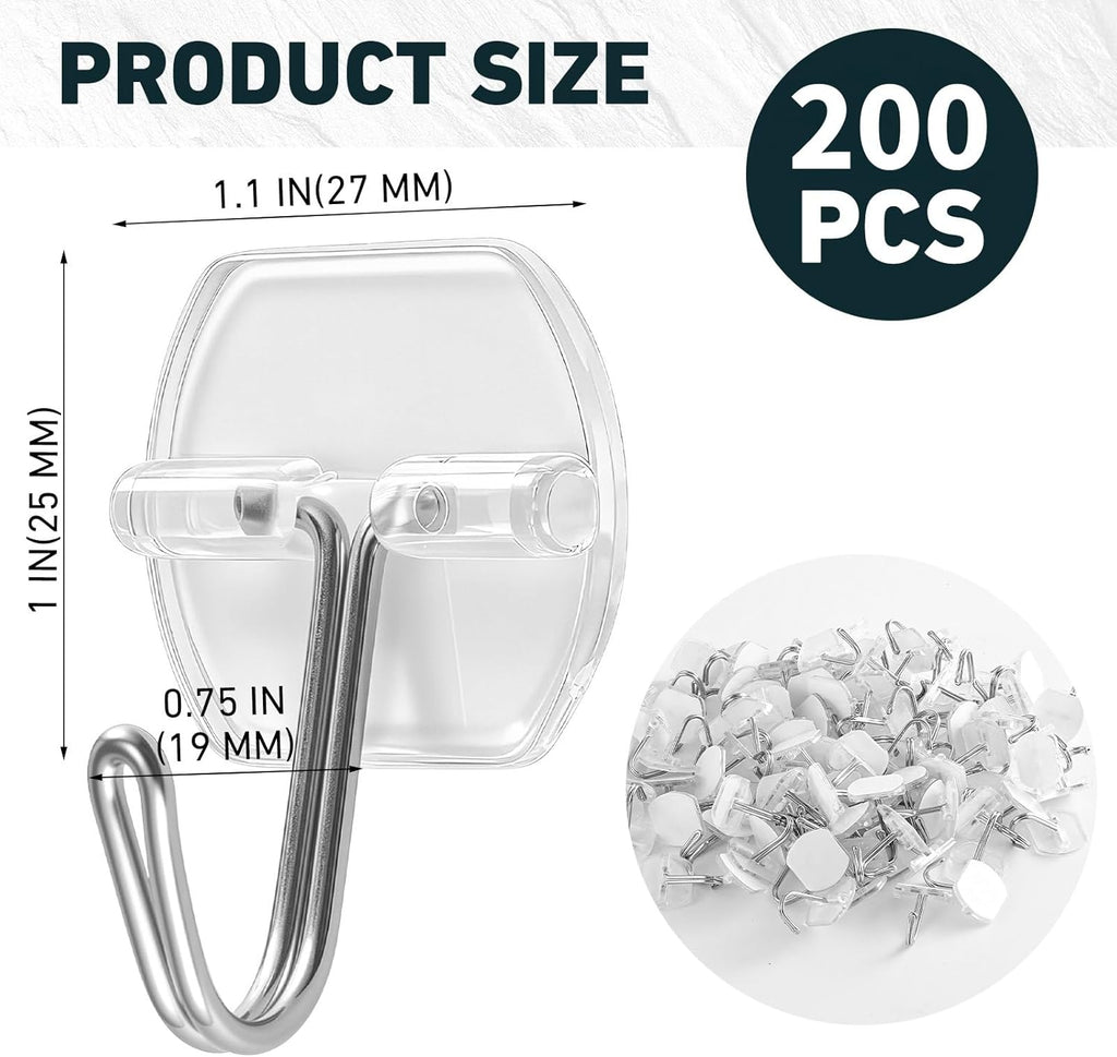 200 Pack Small Wire Hooks for Wall, Clear Heavy Duty Hanging Adhesive Hooks, Reusable Wall Hook for Christmas, Kitchens, Office, Shower Hanging, Key Holder, Coat, Door