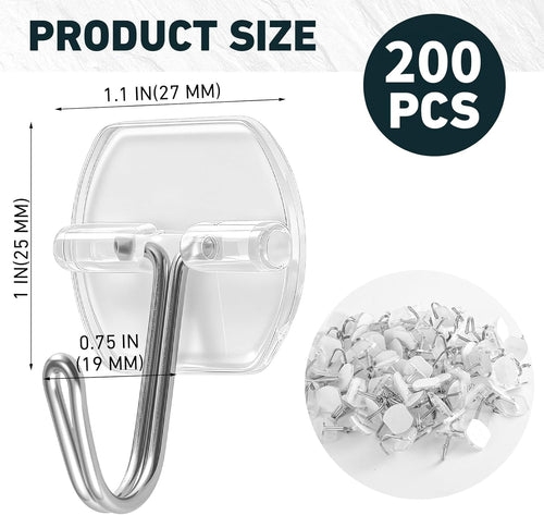 200 Pack Small Wire Hooks for Wall, Clear Heavy Duty Hanging Adhesive Hooks, Reusable Wall Hook for Christmas, Kitchens, Office, Shower Hanging, Key Holder, Coat, Door