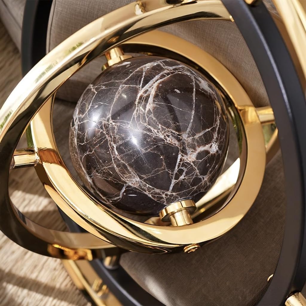 Modern Abstract Metal Globe Sculpture Ornament – Black & Gold Rectangular Base Desk Decor, Tabletop Art Piece for Home Office Shelf Living Room, Unique Housewarming Gift
