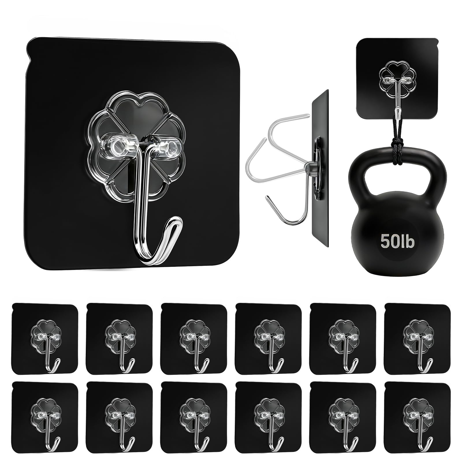 DDMY Heavy Duty Hooks Self Adhesive Hooks Newly Black Sticky for Hanging 100 Pack Waterproof Wall and Ceiling Hook with Reusable Adhesive for Shower, Kitchen, Hang Picture, Decorations,RV, No Damage