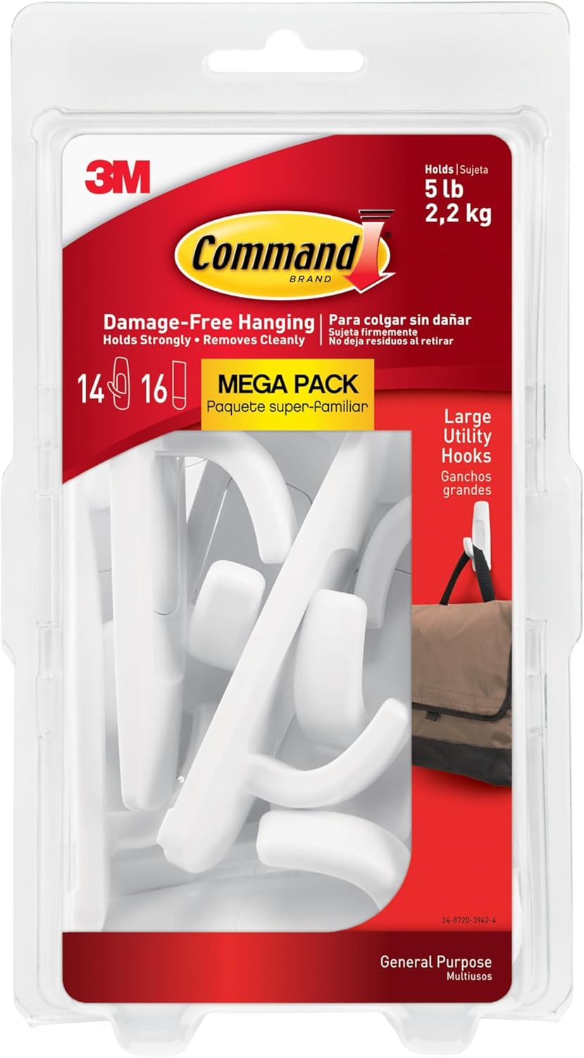 Command Large Utility Hooks, 14 Hooks and 16 Strips, Damage-Free Hanging Wall Hooks with Adhesive Strips, No Tools Adhesive Hooks for Hanging, Organization and Storage (Pack of 2)