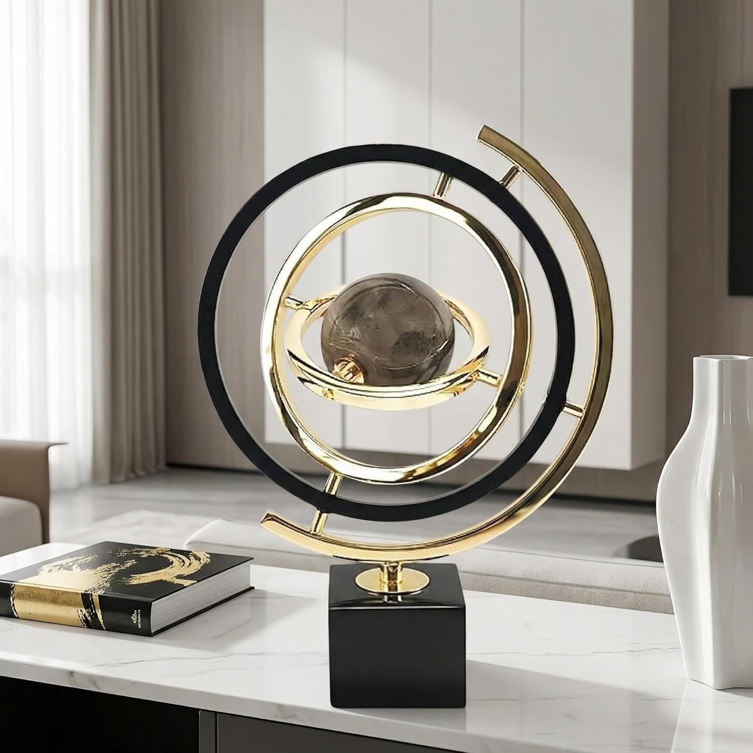 Modern Abstract Metal Globe Sculpture Ornament – Black & Gold Rectangular Base Desk Decor, Tabletop Art Piece for Home Office Shelf Living Room, Unique Housewarming Gift