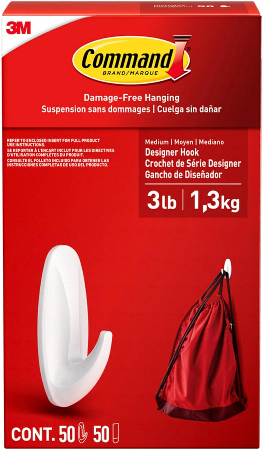 Command Medium Designer Hooks Value Pack, Damage-Free Hanging with Adhesive Strips, No Tools Wall Hook for Decorations in Living Spaces, 50 Sets of 1 Hook and 1 Strip