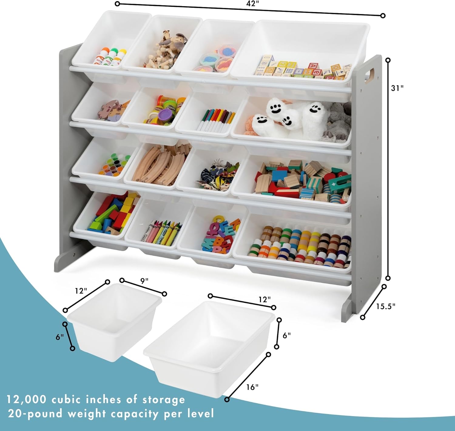 Humble Crew Supersized Toy Storage Organizer with 16 Removable Bins, Grey/White – Large Toy Storage for Toddlers Ideal for Kids' Rooms, Playrooms, and Nurseries - Modern Toy Bins for Kids
