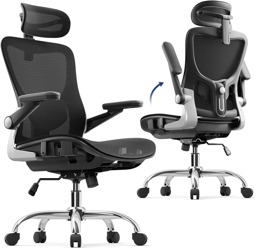Ergonomic Office Chair, Mesh Seat Cushion with 3D Armrests and 3D Headrest, Adjustable Lumbar Support with 90-120° Rocking Function, Black