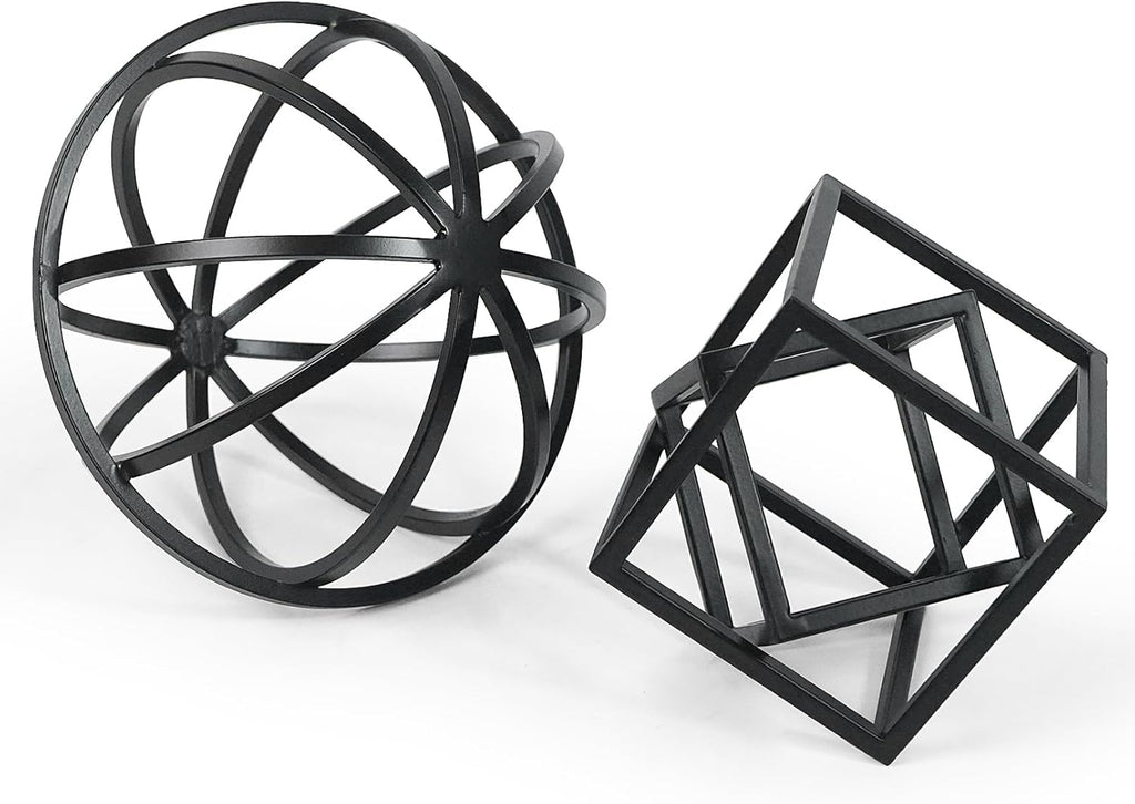 DreamsEden Modern Geometric Sculptures Set - 6" Black Metal Sphere & Cube, Minimalist Shelf Decor, Tabletop Centerpiece, Office Art