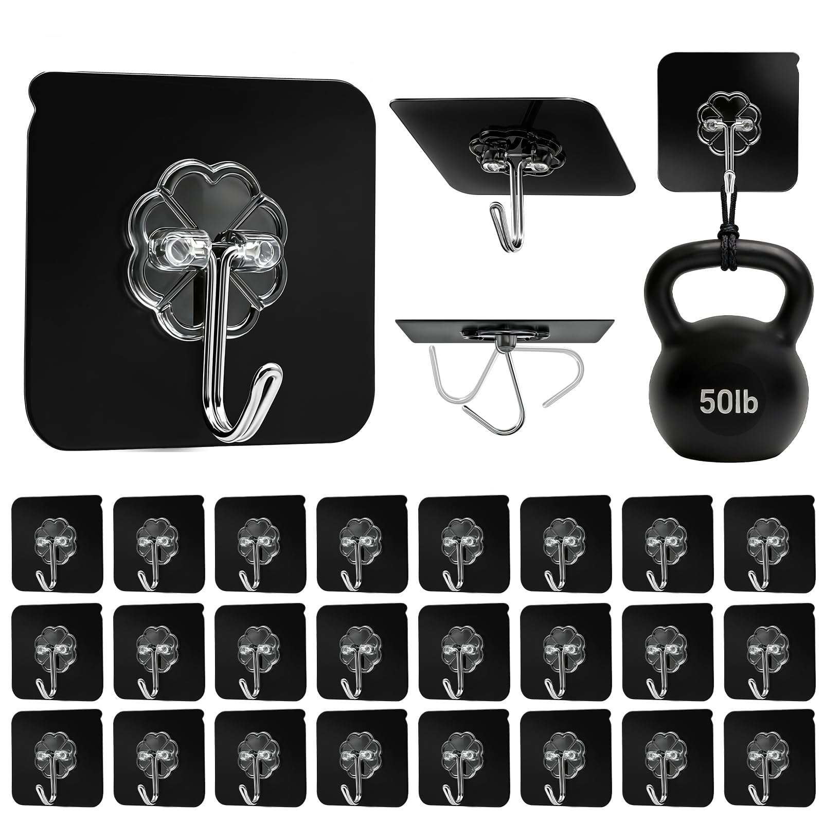 DDMY Heavy Duty Hooks Self Adhesive Hooks Newly Black Sticky for Hanging 100 Pack Waterproof Wall and Ceiling Hook with Reusable Adhesive for Shower, Kitchen, Hang Picture, Decorations,RV, No Damage