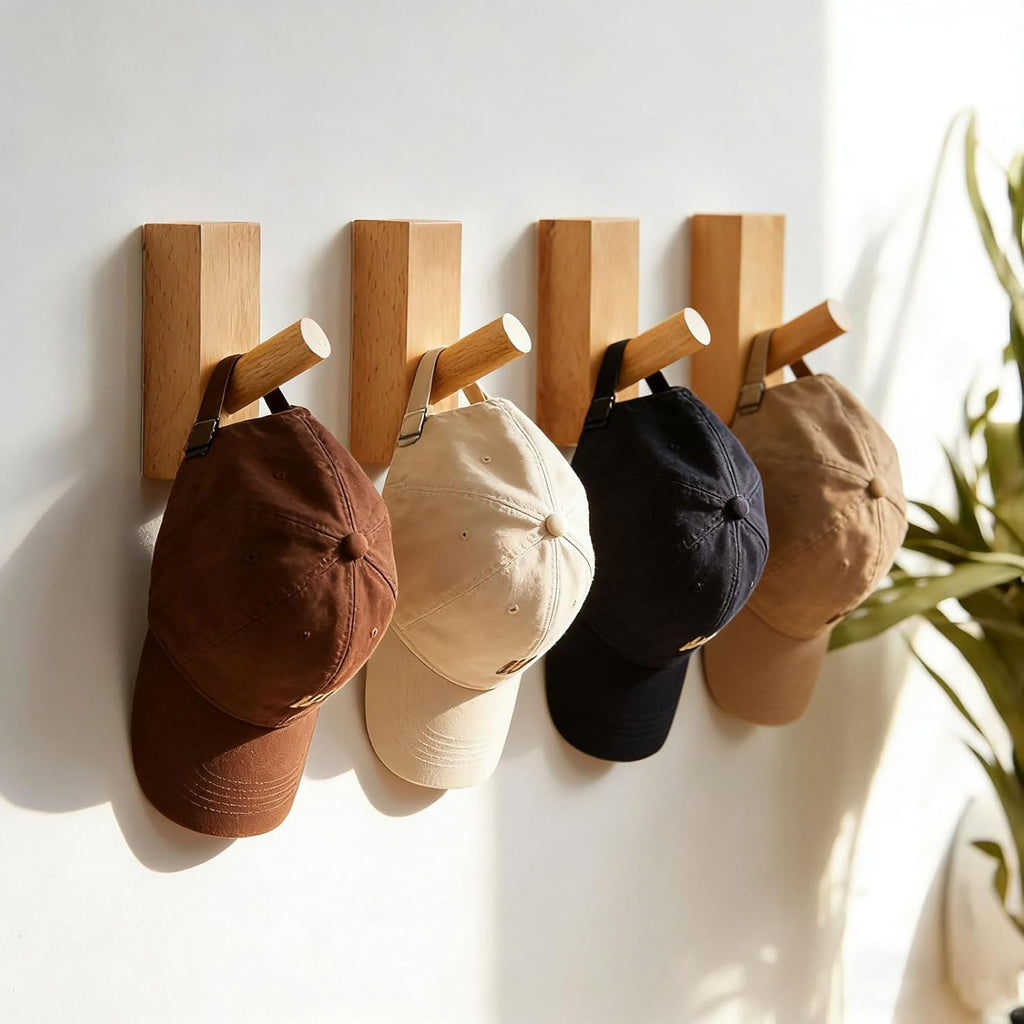 HomeDo 10Pack Adhesive Wall Hooks Hat Rack, Wooden Coat Hooks Wall Mounted, Decorative Hooks Single Organizer Hat Hanger Towel Rack, Heavy Duty Hooks (Rectangle-Beech,10P)