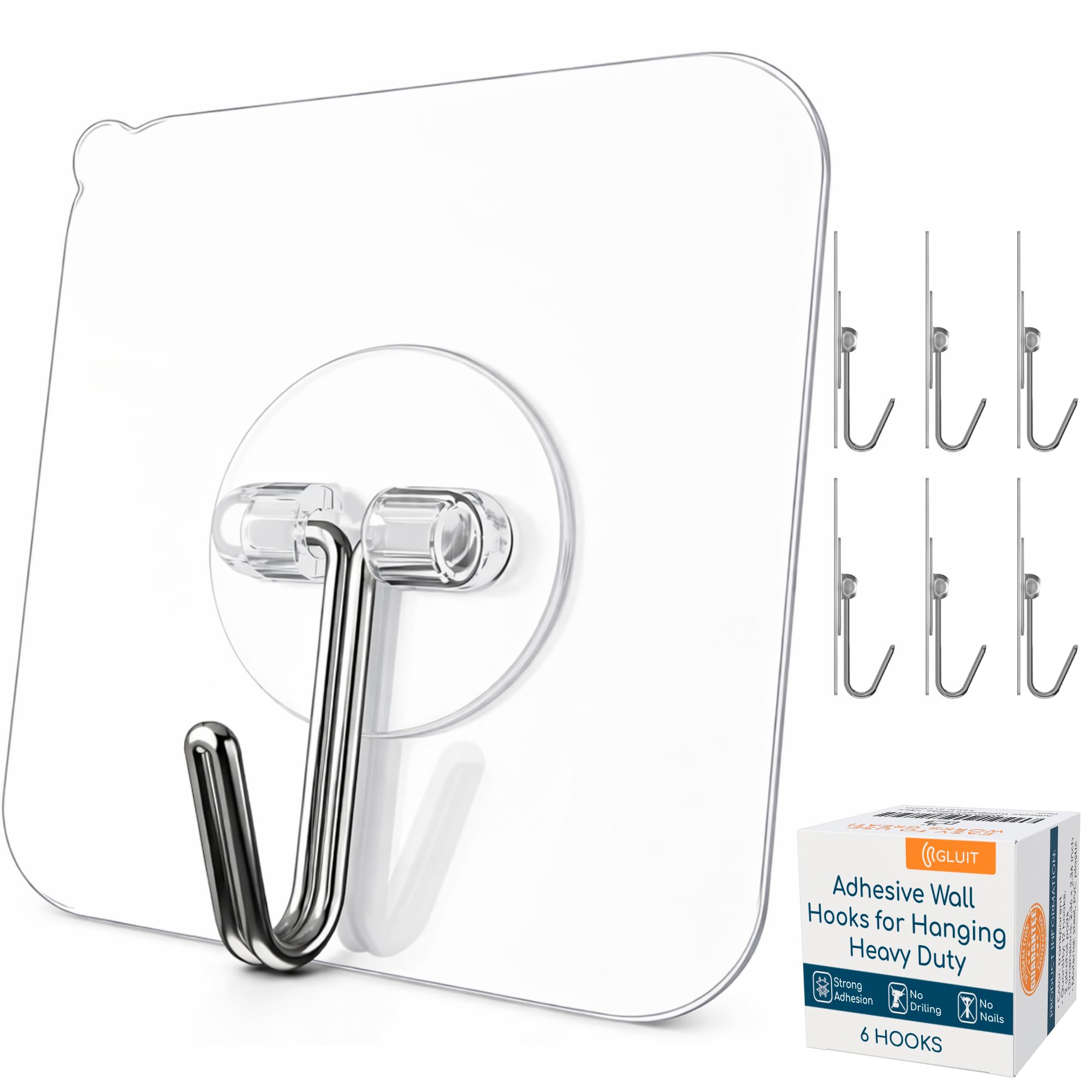GLUIT Adhesive Wall Hooks for Hanging Heavy Duty 22 lbs Hooks for Walls No Damage, Towel Sticky Clear Hooks, Waterproof, Home, Bathroom, Kitchen, Office, and Outdoor, 40 Pack
