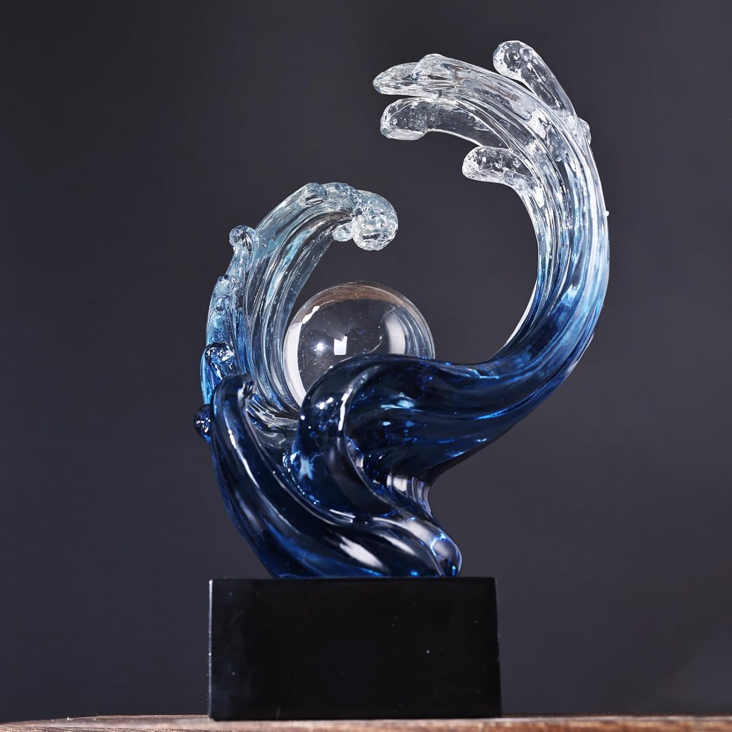Modern Abstract Decorative Wave Statue, Gold Abstract Art Home Decor,Crystal Ball Art Wave Resin Sculpture, Office Desk Stand, Dining Table Center Decorative Aesthetics (Blue)
