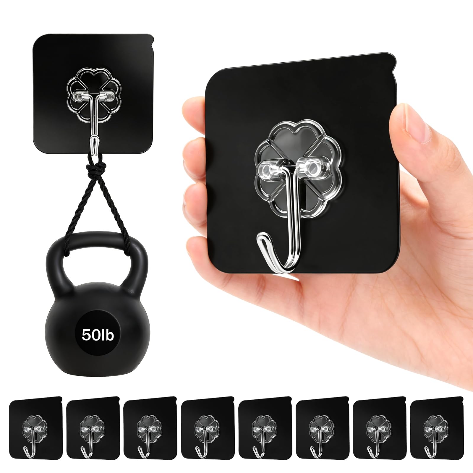 DDMY Heavy Duty Hooks Self Adhesive Hooks Newly Black Sticky for Hanging 100 Pack Waterproof Wall and Ceiling Hook with Reusable Adhesive for Shower, Kitchen, Hang Picture, Decorations,RV, No Damage