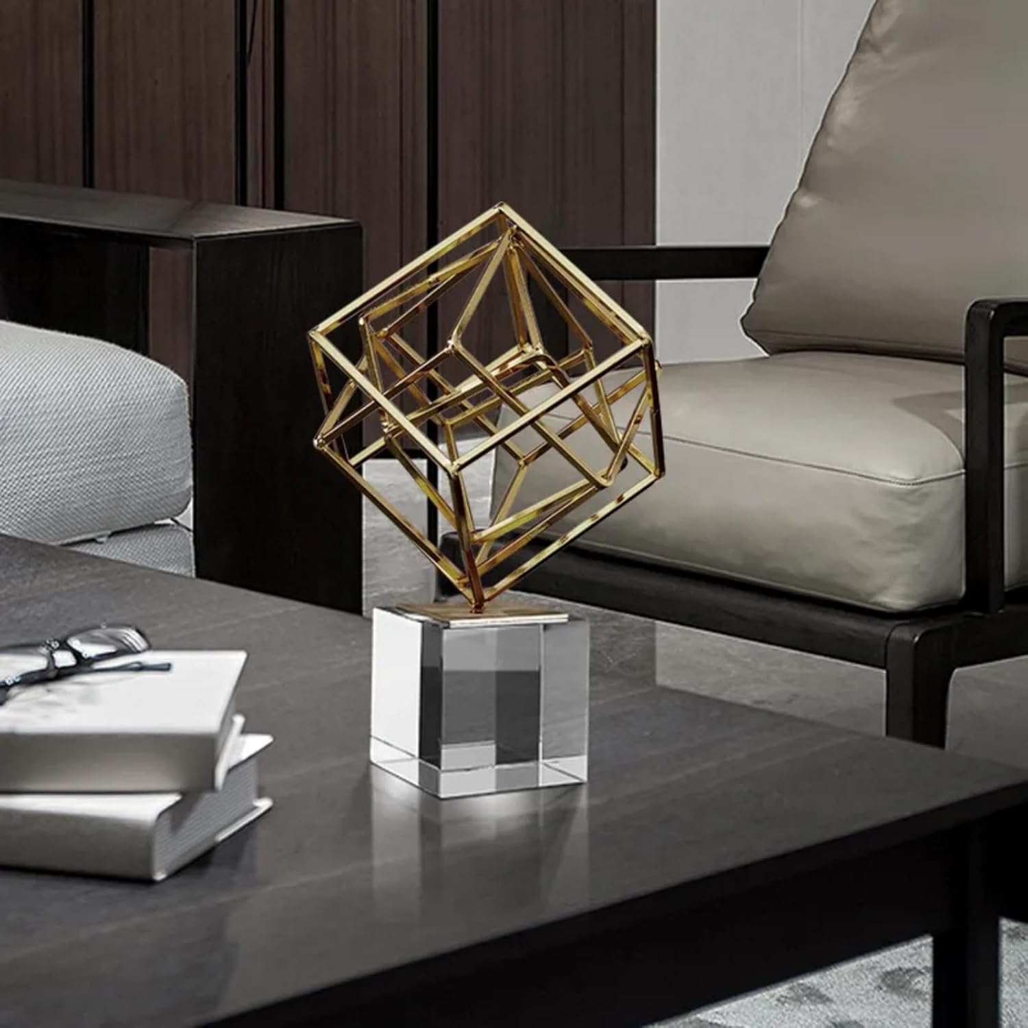 homary Modern Gold Geometric Sculpture with Crystal Base, 3D Metal Ornament Figurine, Abstract Luxury Decor Art for Living Room, Office, or Table Centerpiece