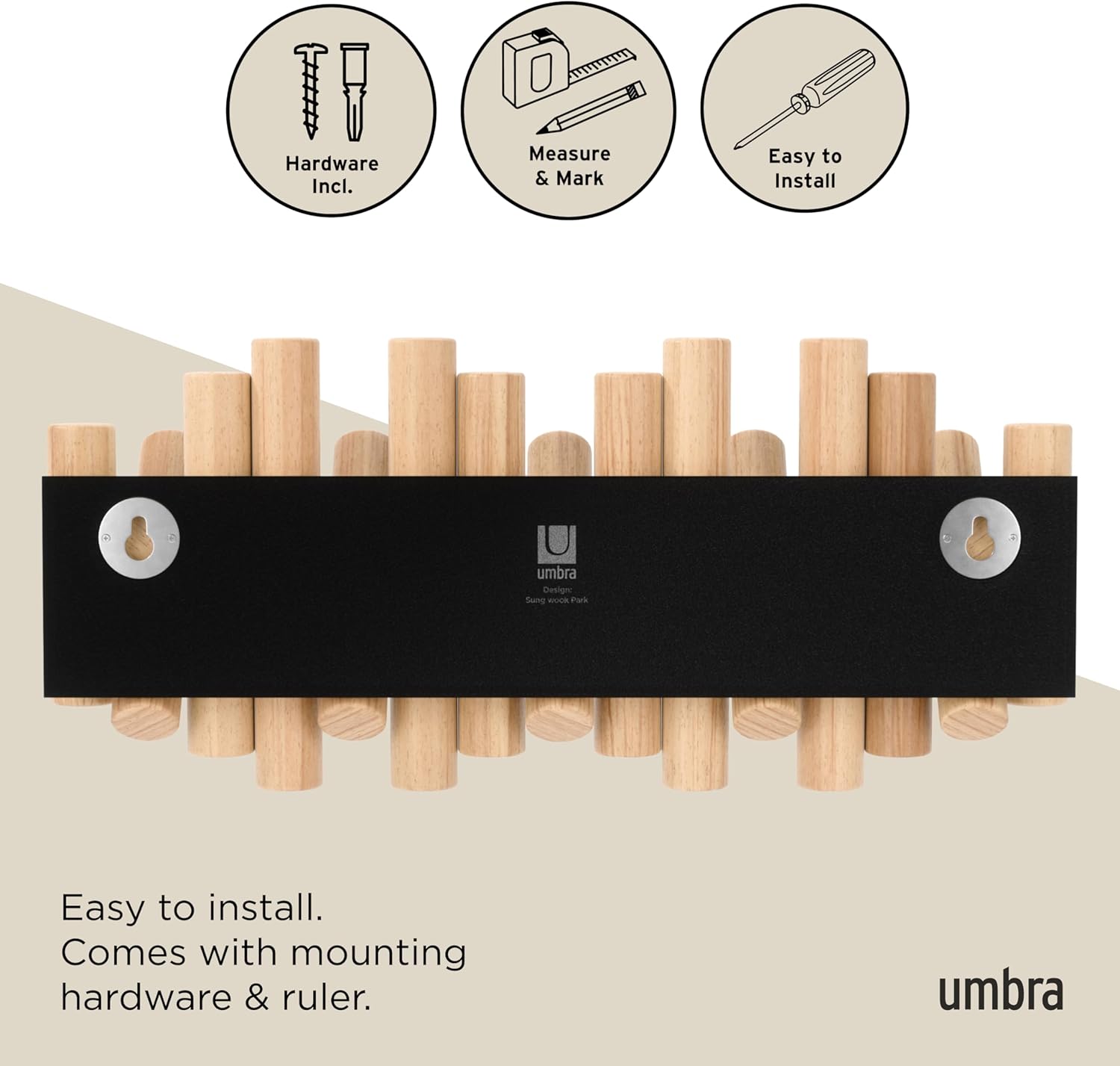 Umbra Picket Coat Rack Wall Mount – 5 Flip-Down Wood Coat Hooks, Modern & Functional Storage, Easy Install Wall Hooks, Natural