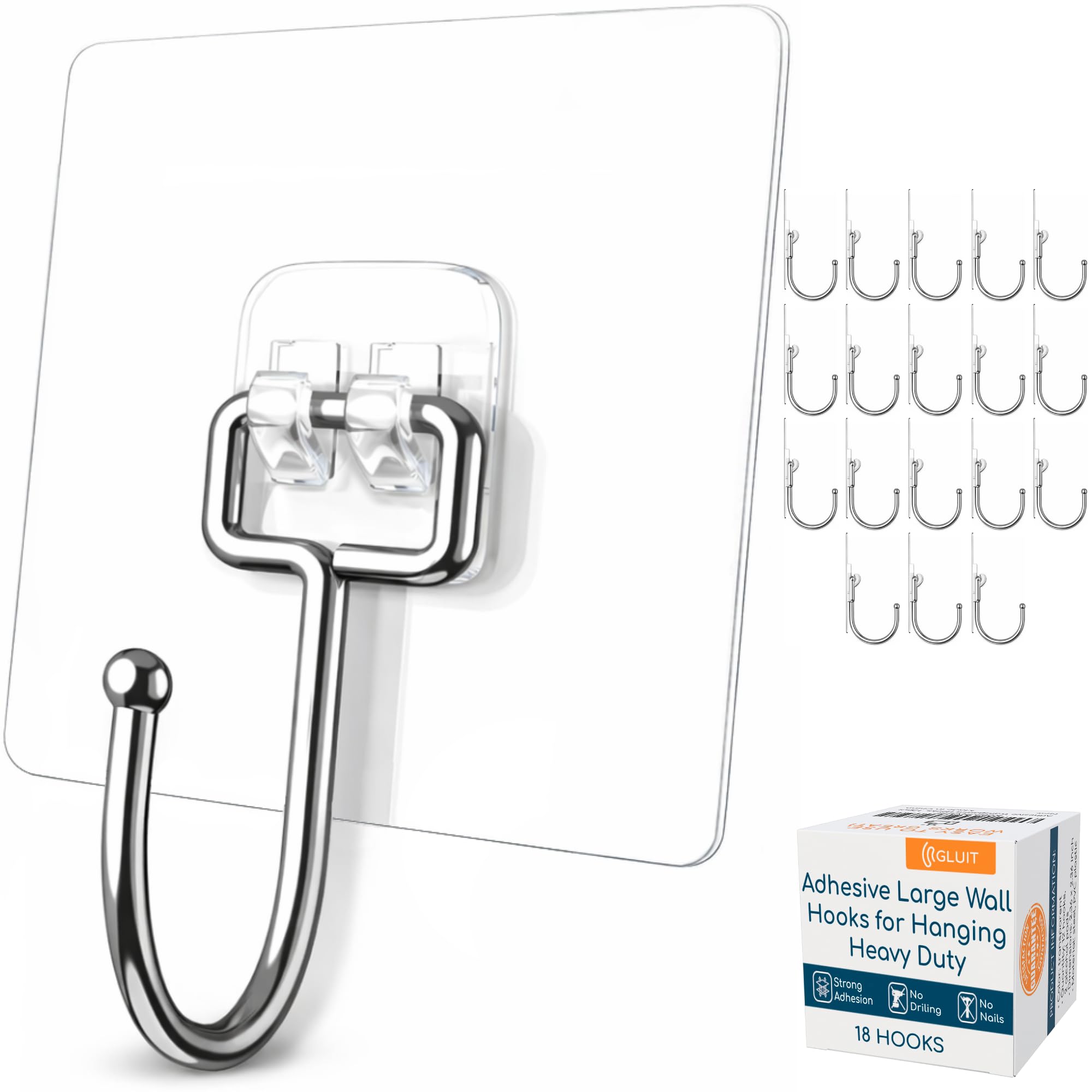 GLUIT Adhesive Wall Hooks for Hanging Heavy Duty 22 lbs Hooks for Walls No Damage, Towel Sticky Clear Hooks, Waterproof, Home, Bathroom, Kitchen, Office, and Outdoor, 40 Pack