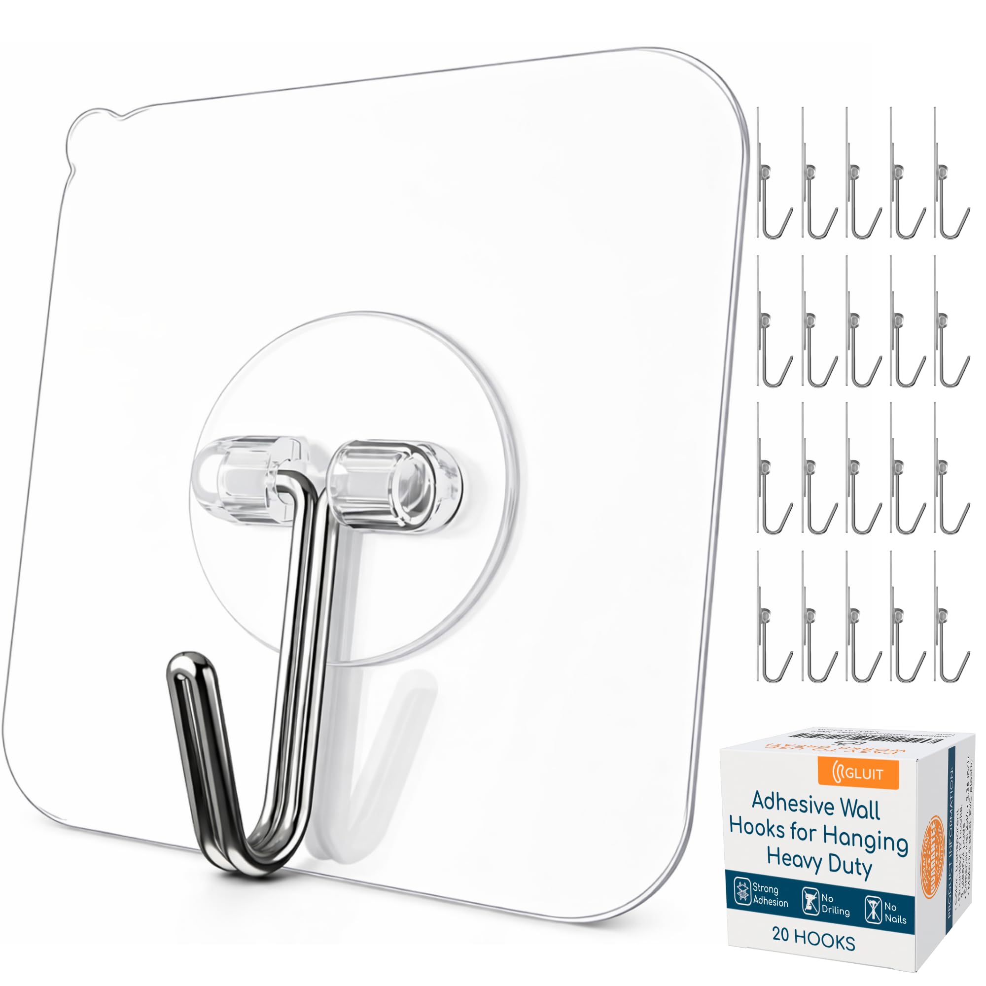 GLUIT Adhesive Wall Hooks for Hanging Heavy Duty 22 lbs Hooks for Walls No Damage, Towel Sticky Clear Hooks, Waterproof, Home, Bathroom, Kitchen, Office, and Outdoor, 40 Pack