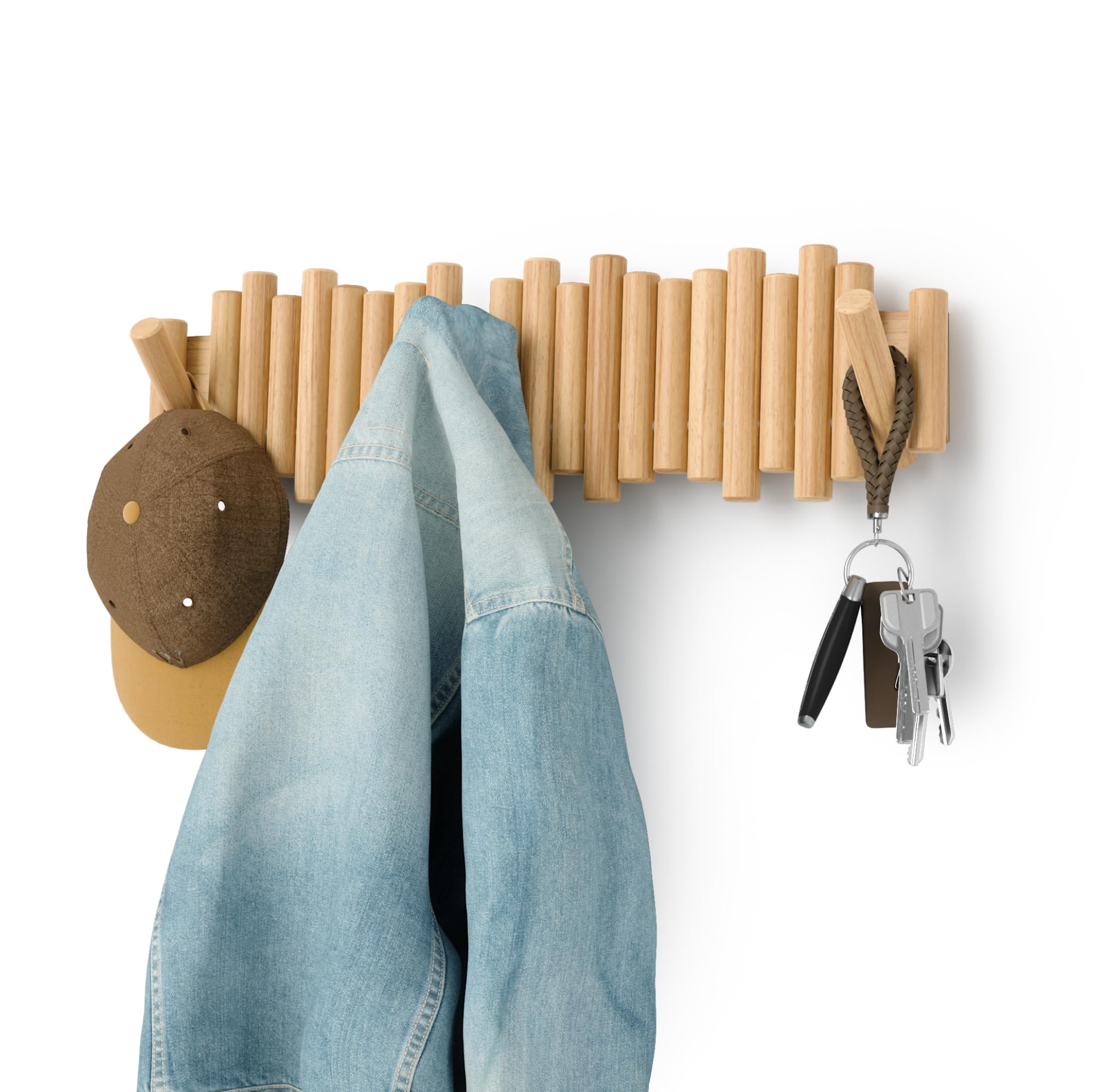 Umbra Picket Coat Rack Wall Mount – 5 Flip-Down Wood Coat Hooks, Modern & Functional Storage, Easy Install Wall Hooks, Natural