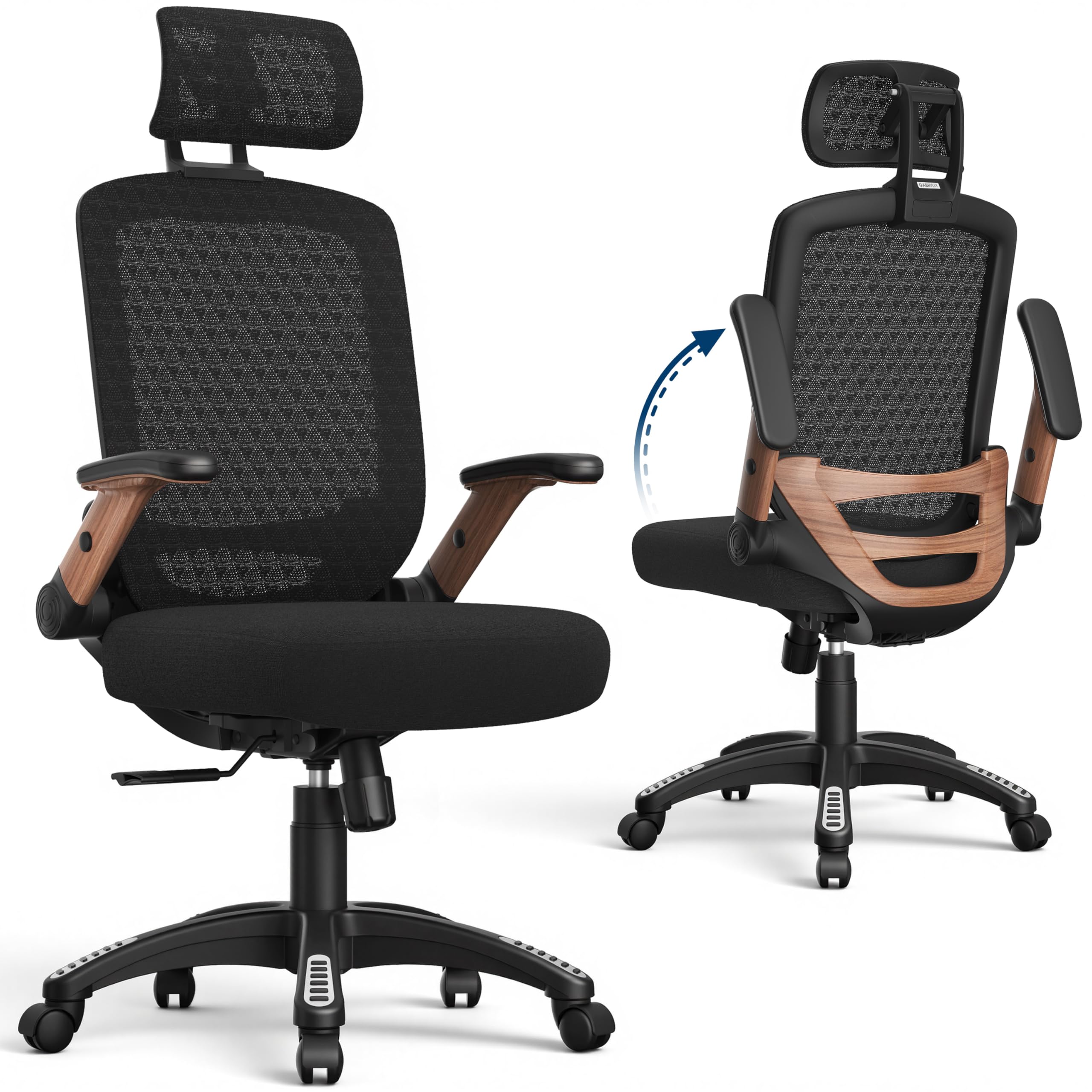 GABRYLLY Ergonomic Office Chair, High Back Home Desk Chair with Headrest, Flip-Up Arms, 90-120° Tilt Lock and Wide Cushion, Big and Tall Mesh Chairs for Man Woman, Black Task Chair
