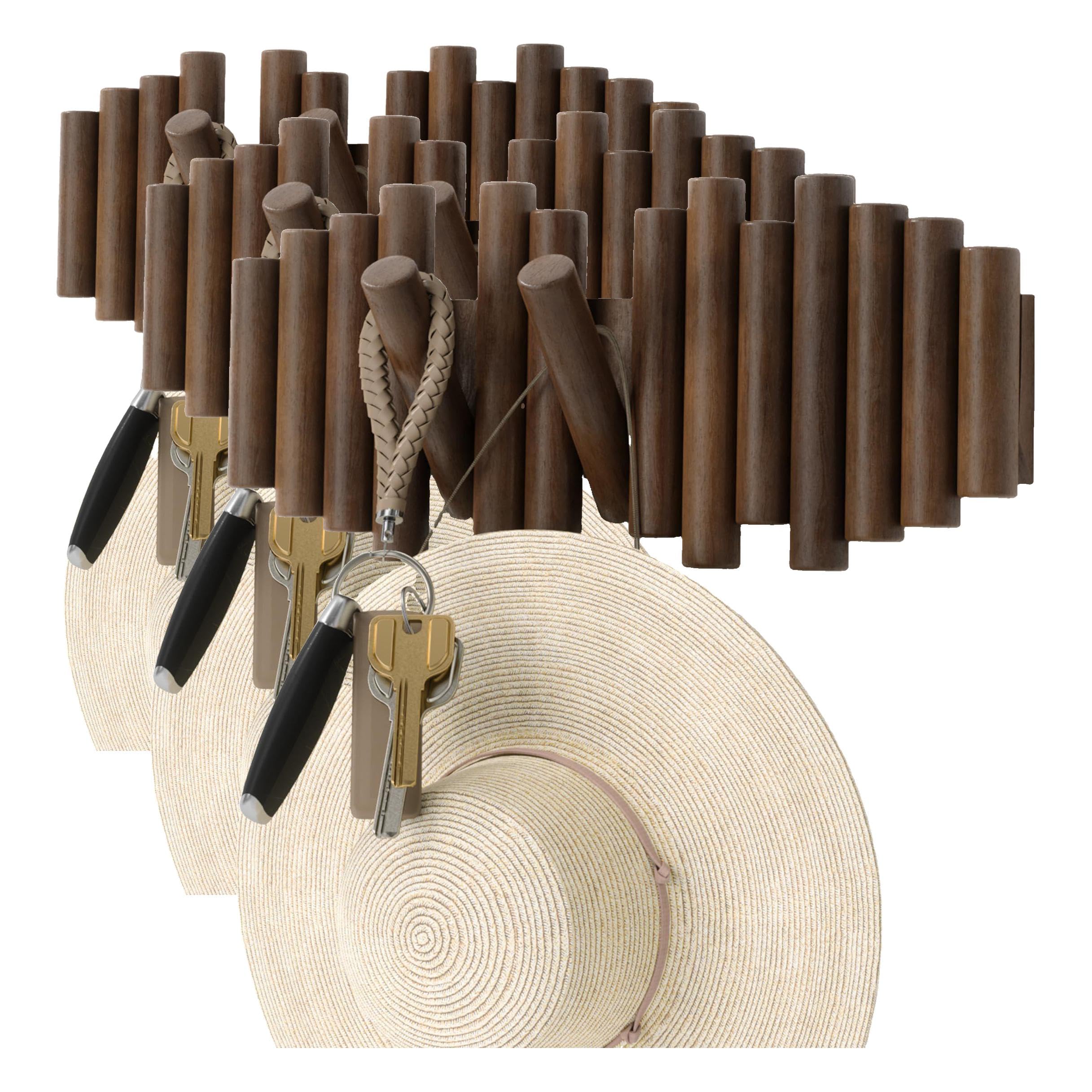 Umbra Picket Coat Rack Wall Mount – 5 Flip-Down Wood Coat Hooks, Modern & Functional Storage, Easy Install Wall Hooks, Natural