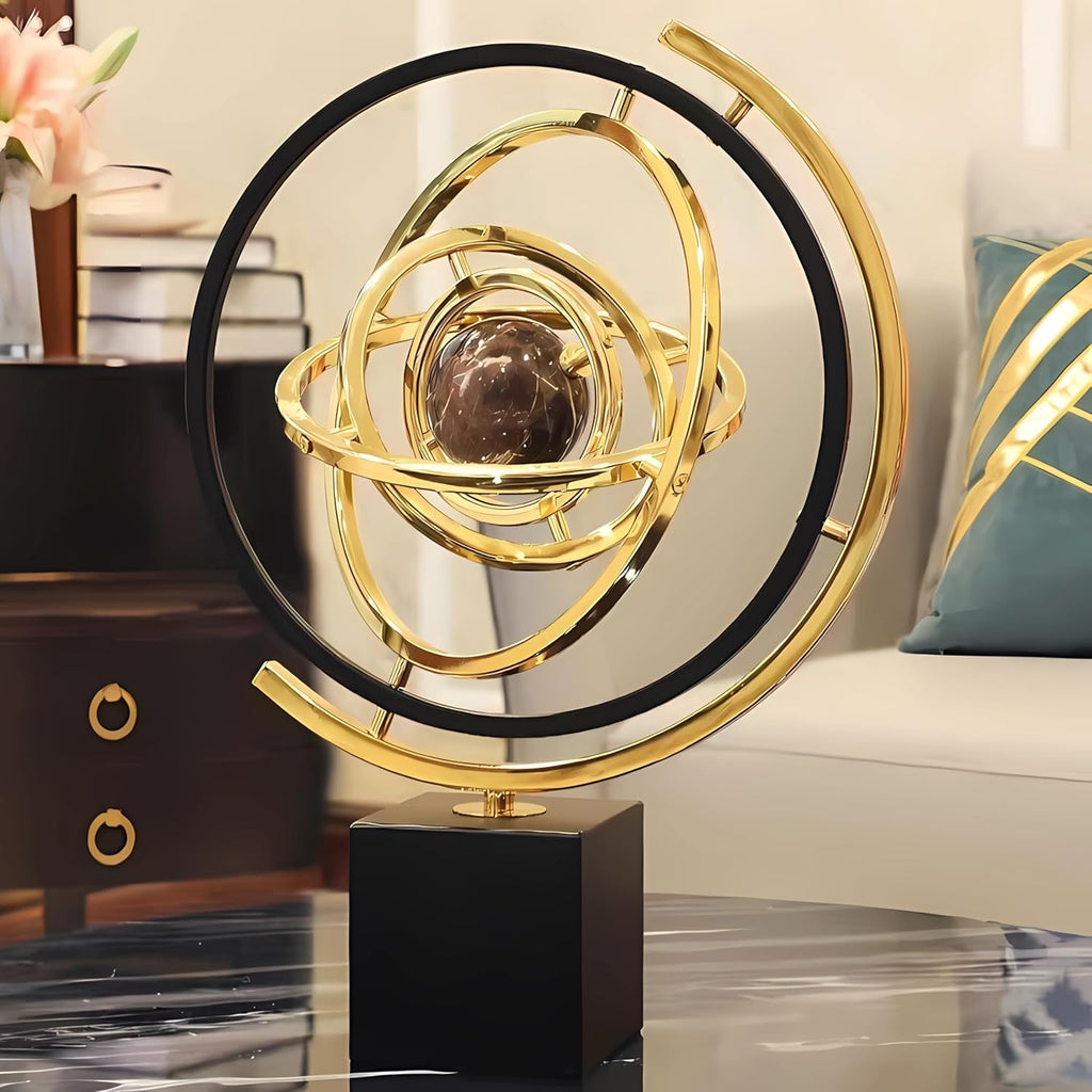Gold Globe Abstract Art Decor, Sculptures with Rectangle Stands, Desk Decor - Black & Gold (XL, Globe)