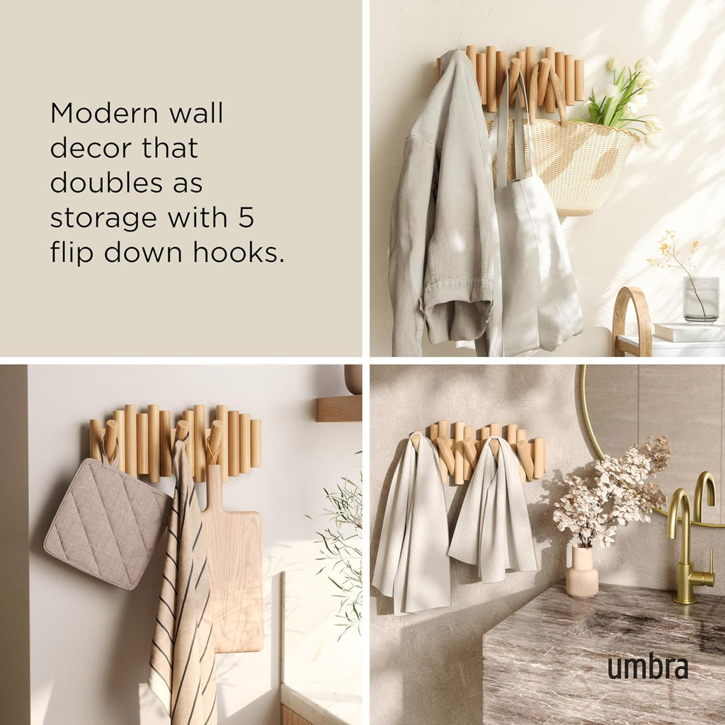 Umbra Picket Coat Rack Wall Mount – 5 Flip-Down Wood Coat Hooks, Modern & Functional Storage, Easy Install Wall Hooks, Natural
