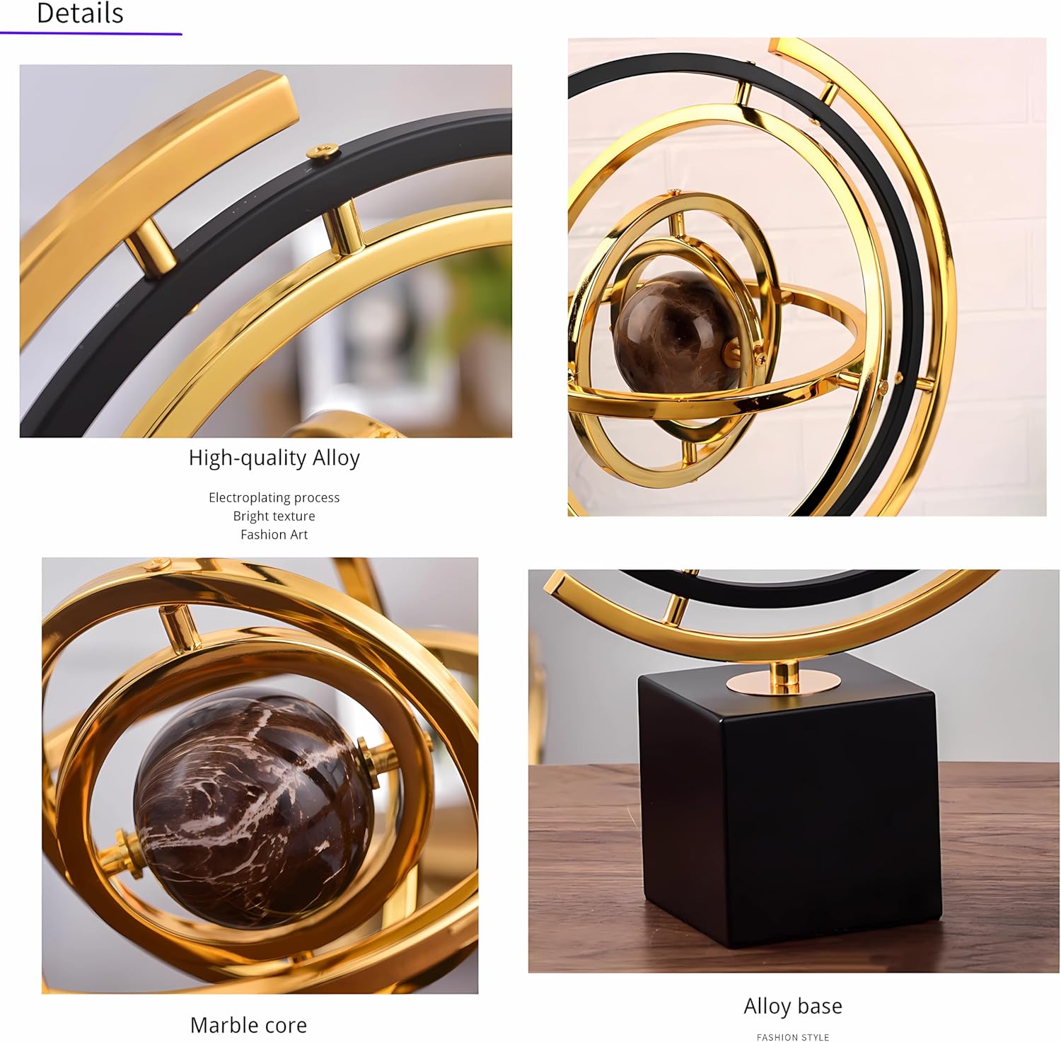 Gold Globe Abstract Art Decor, Sculptures with Rectangle Stands, Desk Decor - Black & Gold (XL, Globe)