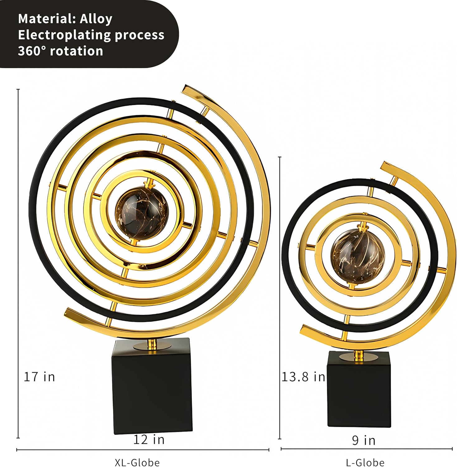 Gold Globe Abstract Art Decor, Sculptures with Rectangle Stands, Desk Decor - Black & Gold (XL, Globe)