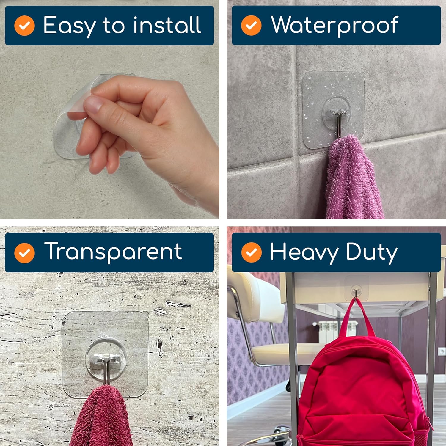GLUIT Adhesive Wall Hooks for Hanging Heavy Duty 22 lbs Hooks for Walls No Damage, Towel Sticky Clear Hooks, Waterproof, Home, Bathroom, Kitchen, Office, and Outdoor, 40 Pack