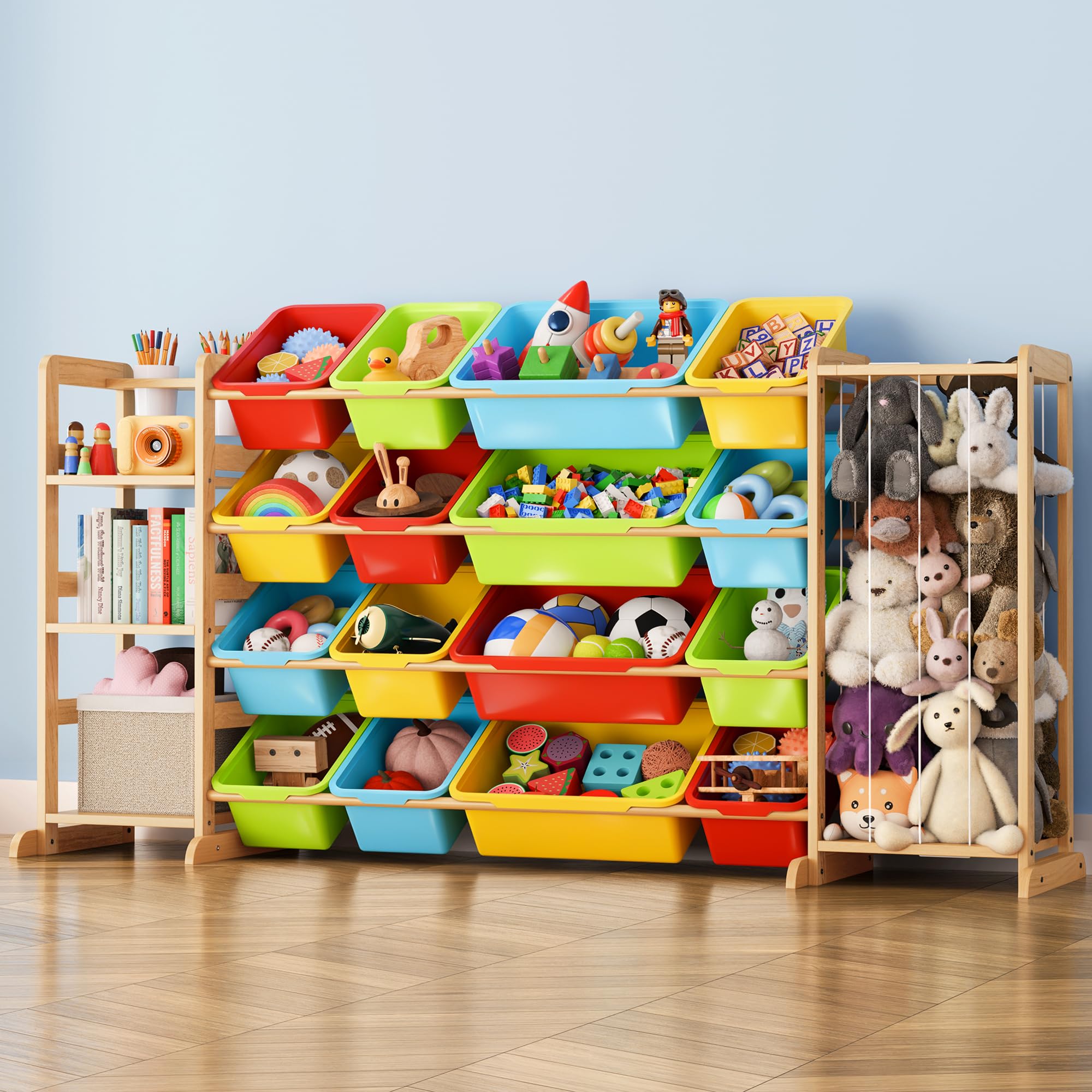 Toy Storage Organizer with Bookshelf and Stuffed Animal Storage - Kids Playroom Organization with Shelves and 12 Toy Bins - Toddler Living Room Toy Box for Lego - Nursery Bedroom Decor Essentials