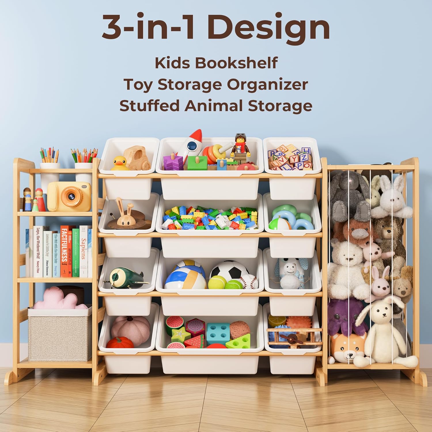 Toy Storage Organizer with Bookshelf and Stuffed Animal Storage - Kids Playroom Organization with Shelves and 12 Toy Bins - Toddler Living Room Toy Box for Lego - Nursery Bedroom Decor Essentials