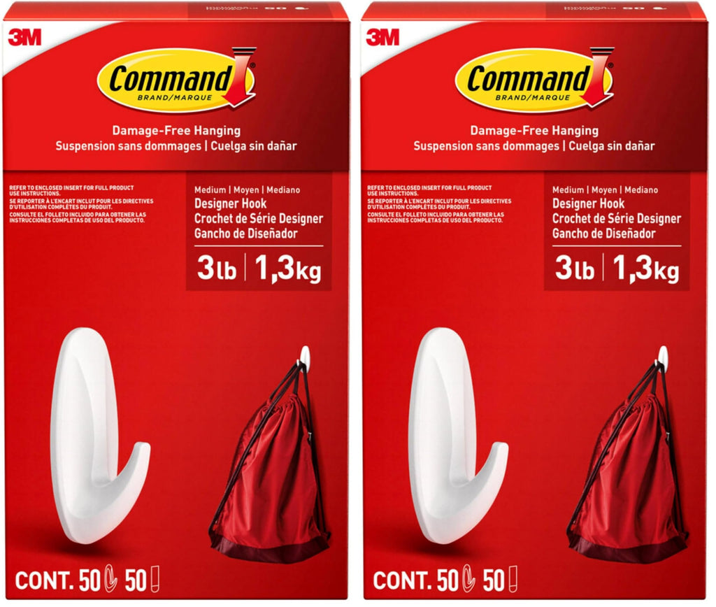 Command Medium Designer Hooks Value Pack, Damage-Free Hanging with Adhesive Strips, No Tools Wall Hook for Decorations in Living Spaces, 50 Sets of 1 Hook and 1 Strip