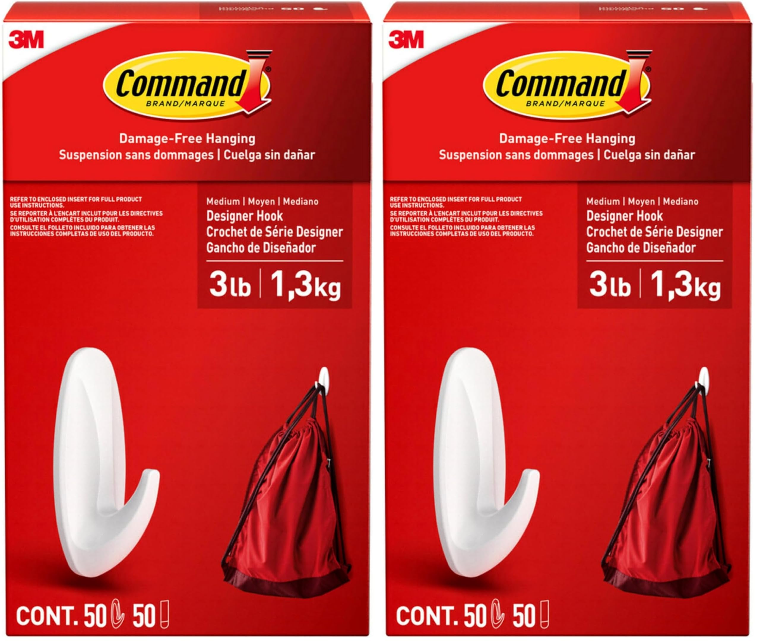 Command Medium Designer Hooks Value Pack, Damage-Free Hanging with Adhesive Strips, No Tools Wall Hook for Decorations in Living Spaces, 50 Sets of 1 Hook and 1 Strip