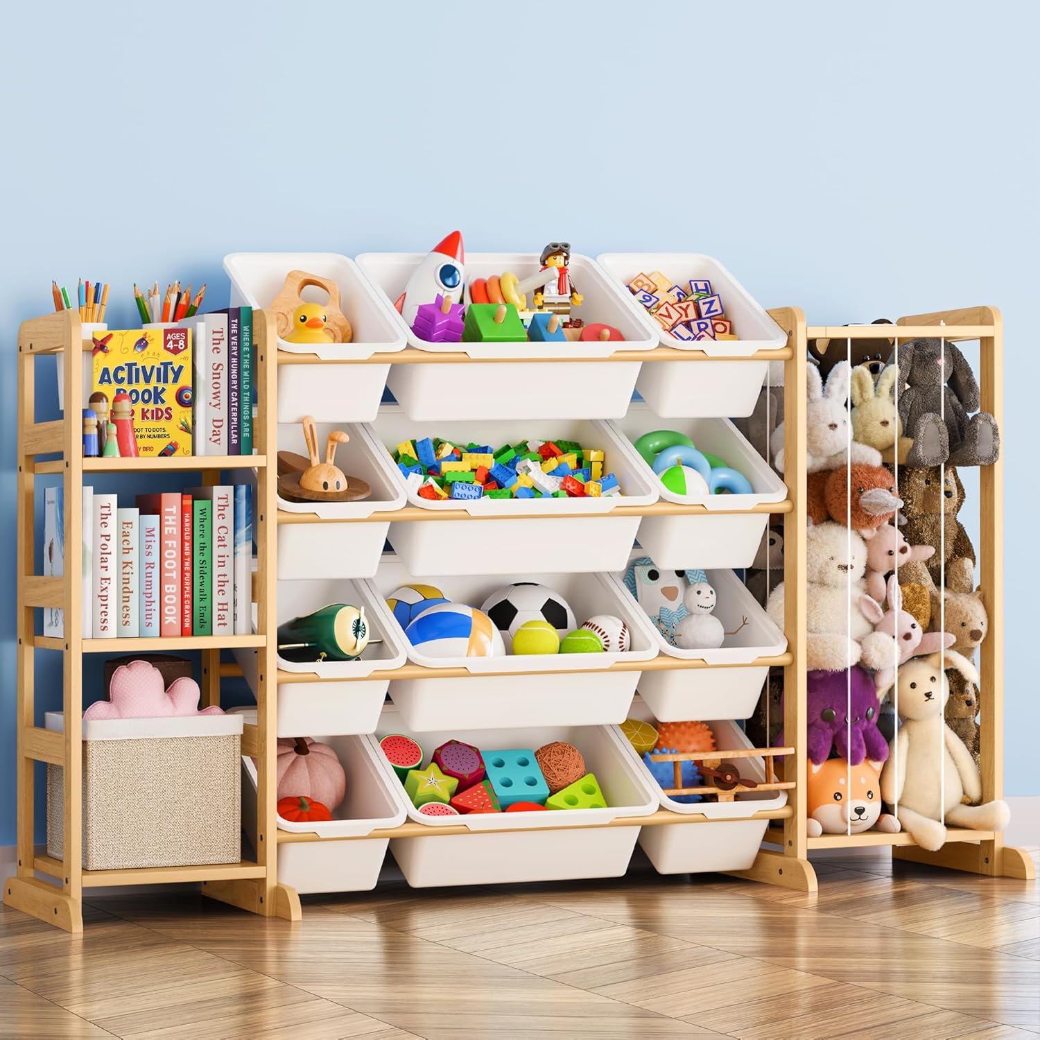 Toy Storage Organizer with Bookshelf and Stuffed Animal Storage - Kids Playroom Organization with Shelves and 12 Toy Bins - Toddler Living Room Toy Box for Lego - Nursery Bedroom Decor Essentials